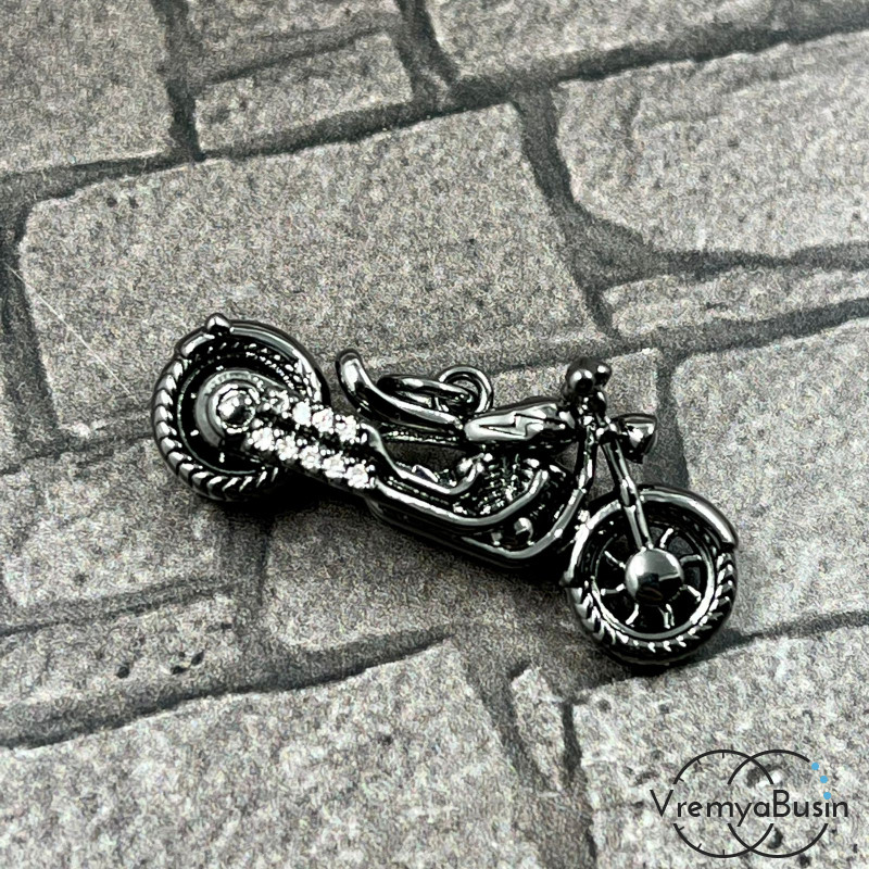 Подвеска "Мотоцикл", 28х12х8 мм, из латуни с черным родиевым покрытием и фианитами (1 шт.)