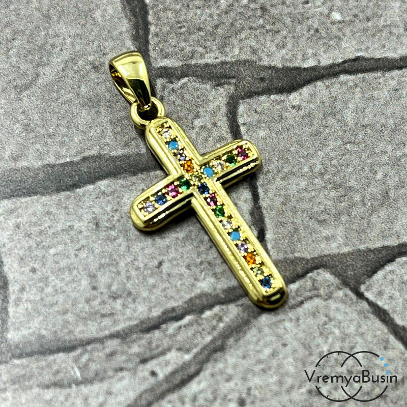 Подвеска "Крест", 12х22 мм, из латуни с позолотой и цветными фианитами (1 шт.)