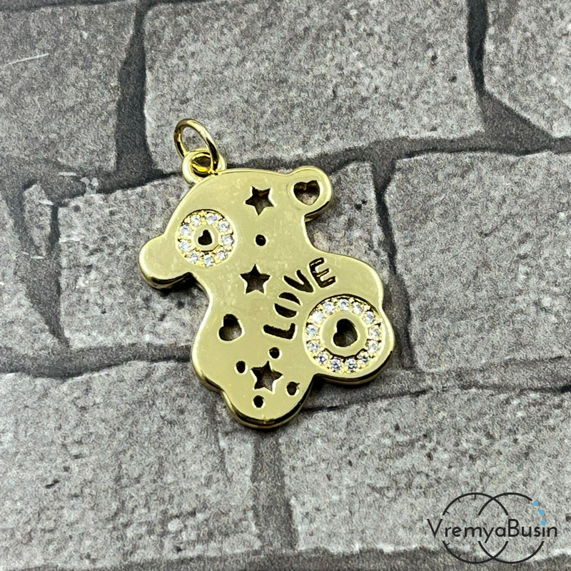 Подвеска "Медведь", 17х23 мм, из латуни с позолотой и фианитами (1 шт.)