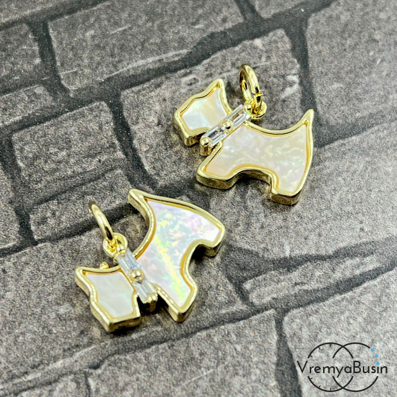 Подвеска с перламутром, собачка 11х15 мм, латунь с позолотой (1 шт.)