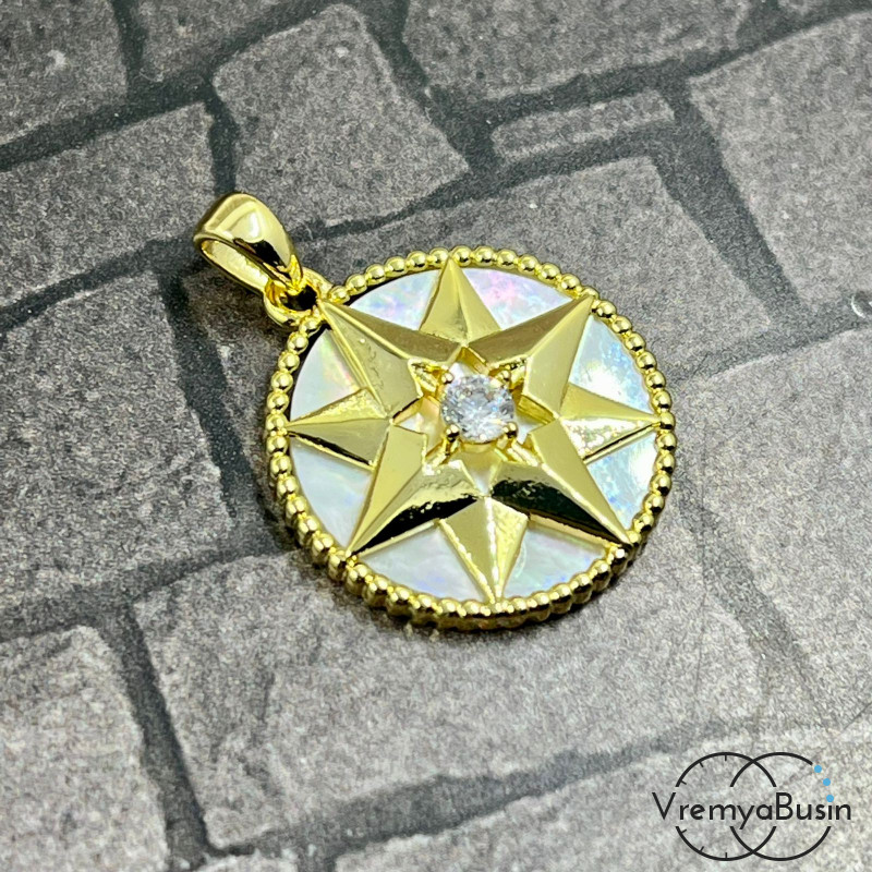 Подвеска с перламутром, диам. 20 мм, латунь с позолотой (1 шт.)