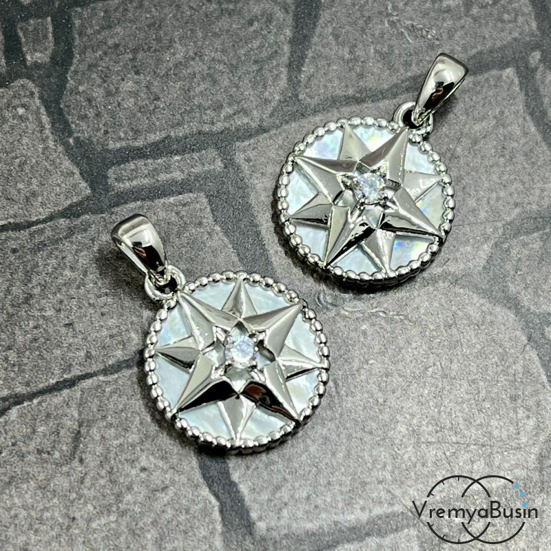 Подвеска с перламутром, диам. 15 мм, латунь с родиевым покрытием (1 шт.)