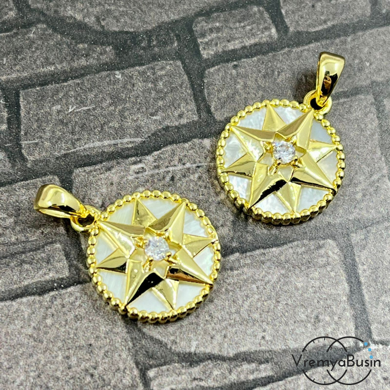 Подвеска с перламутром, диам. 15 мм, латунь с позолотой (1 шт.)