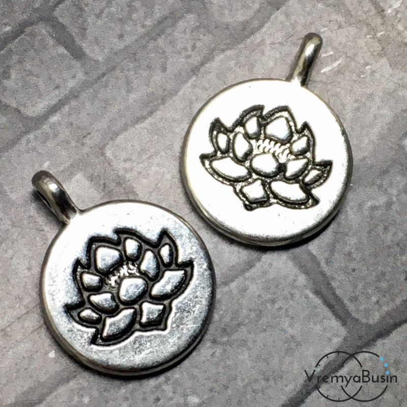 Медальон с лотосом, 15х20 мм, подвеска металлическая, цв. серебро (1 шт.)