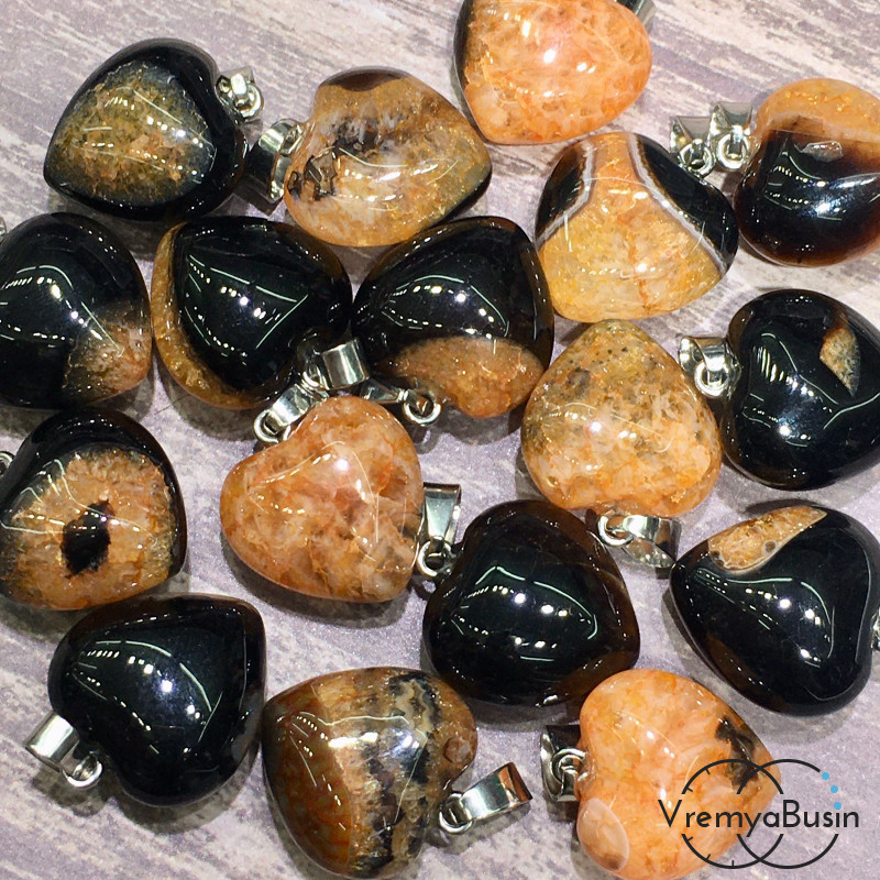 Агат тонир., оранжево-черный. Подвеска объемное сердце, 12х20х20 мм (2 шт.)