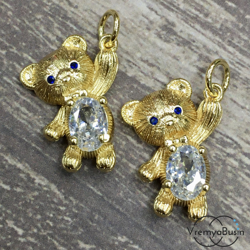 Подвеска из латуни "Мишка", 14х20 мм, с позолотой и фианитами  (1 шт.)