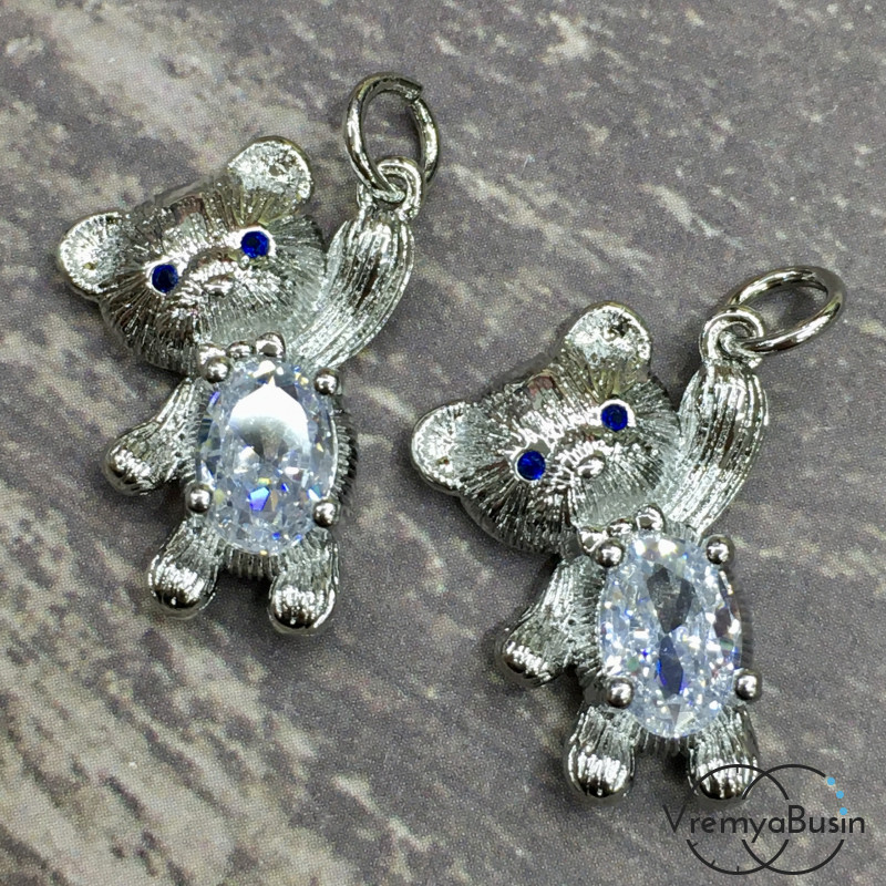 Подвеска из латуни "Мишка", 14х20 мм, с родиевым покрытием и фианитами  (1 шт.)