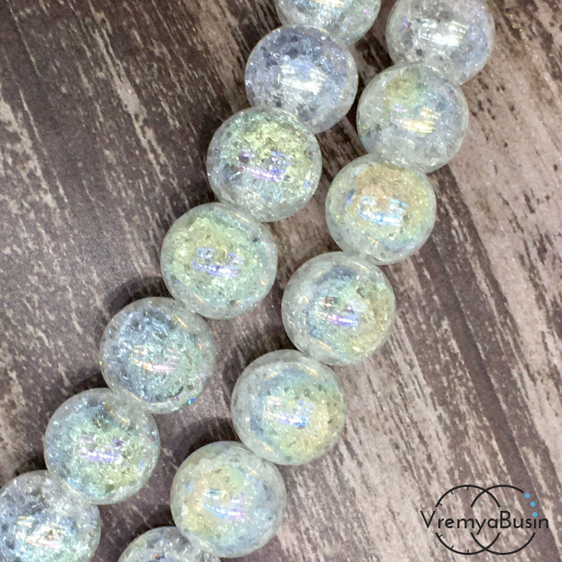 Ледяной кварц кракле белый с АБ переливом, гладкий шарик 12 мм (нить, ок. 32 шт.)