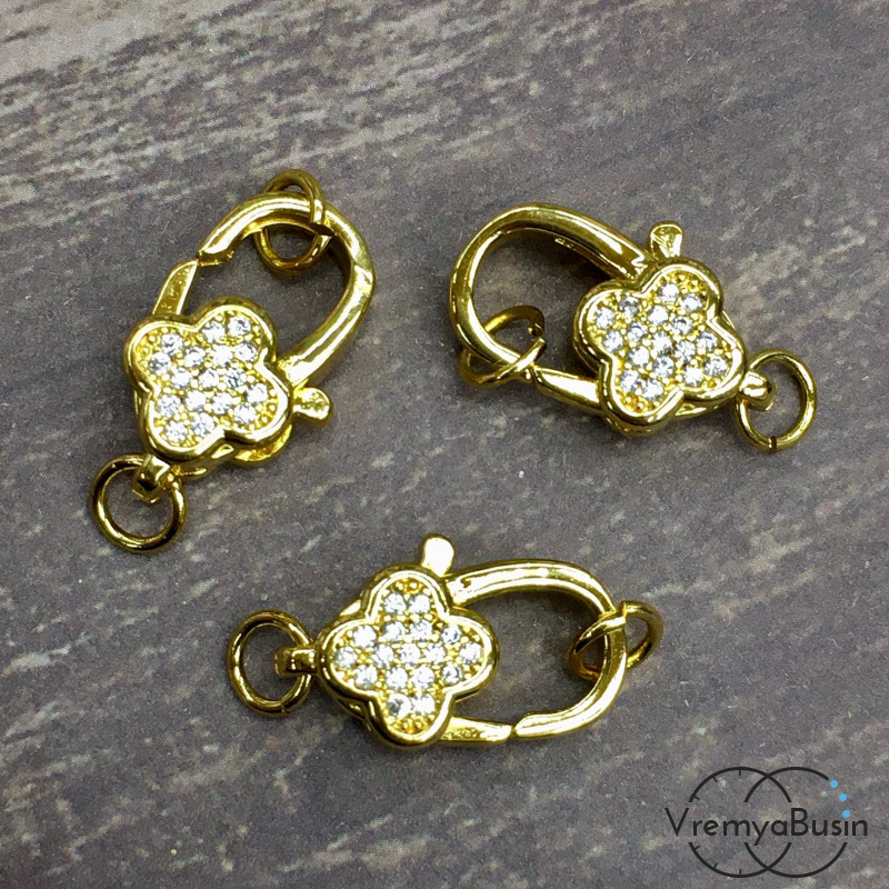 Замок-карабин для украшений, латунь с позолотой и фианитами (1 шт.)