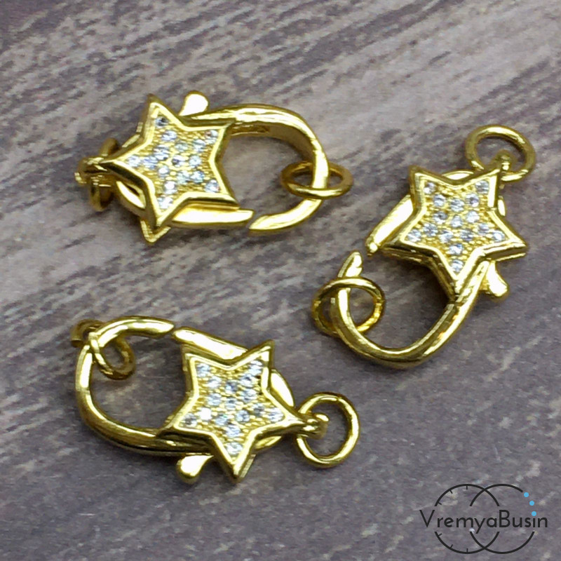 Замок-карабин для украшений, латунь с позолотой и фианитами (1 шт.)