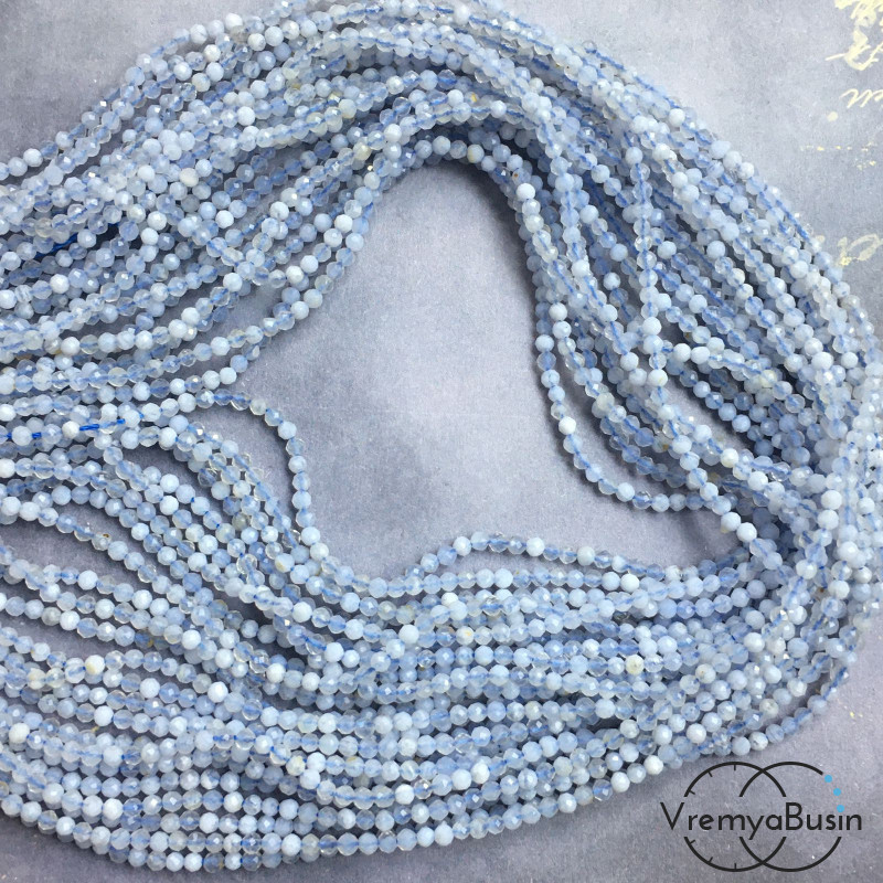 Сапфирин - голубой агат, самые мелкие граненые бусины из камня, 2 мм ААА качество (нить, ок. 40 см.)