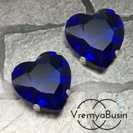 Стразы из стекла в цапах под серебро. Сердце 14 мм BLUE (1 шт.)