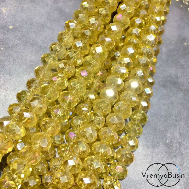Бусины-рондели из граненого стекла, цв.  желтый с переливом  , размер 8 мм  (нить, ок. 65  шт.)