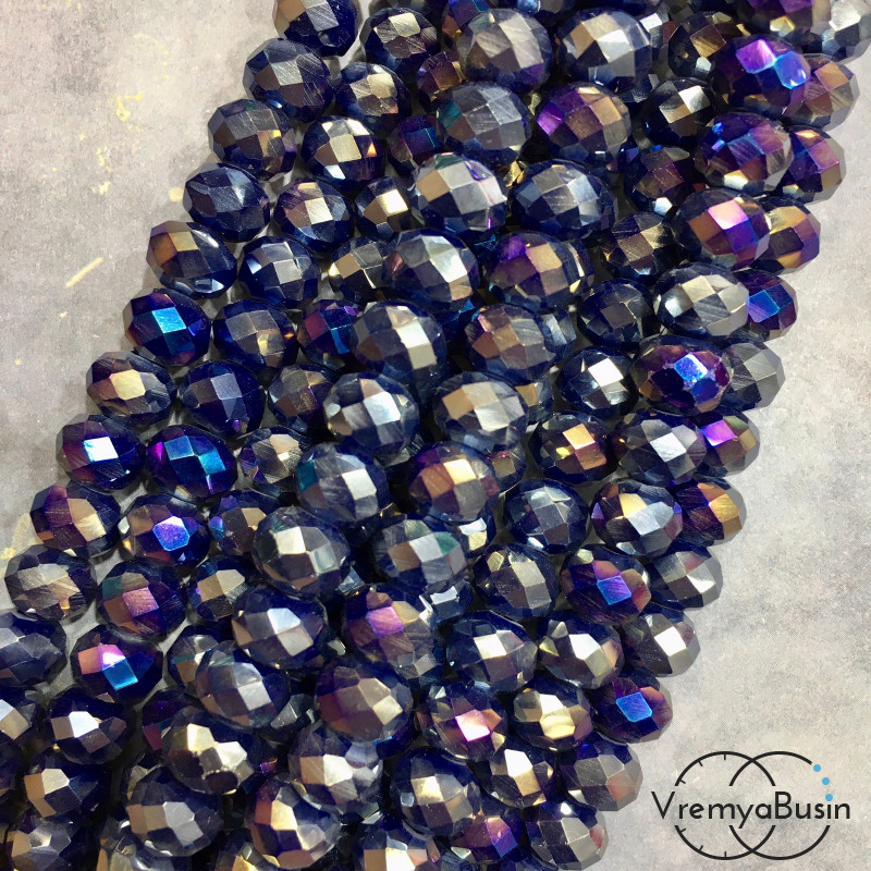 Бусины-рондели из граненого стекла, цв.   синий с АБ переливом , размер 8 мм  (нить, ок. 65  шт.)