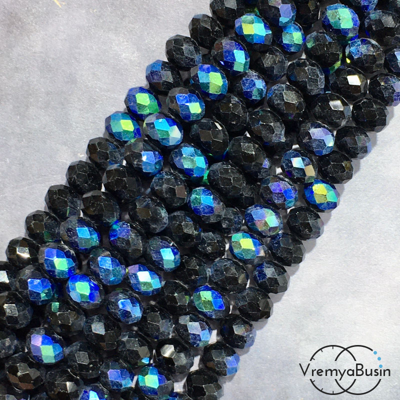 Бусины-рондели из граненого стекла, цв.  черный с бирюзовым переливом  , размер 8 мм   (нить, ок. 65  шт.)