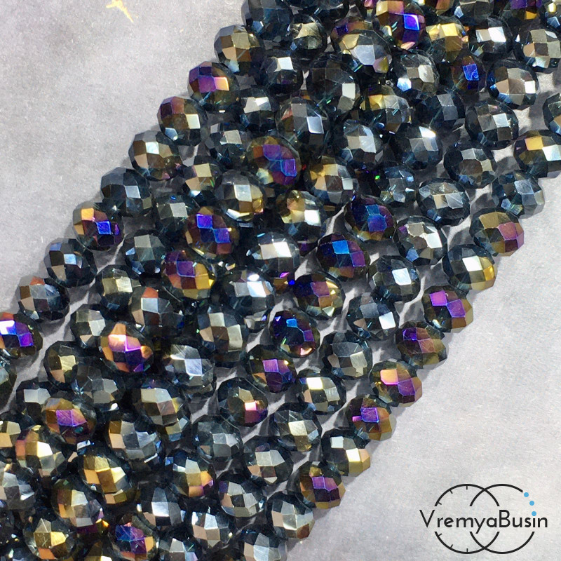 Бусины-рондели из граненого стекла, цв.танзанит с АБ переливом, размер 8 мм  (нить, ок. 65  шт.)
