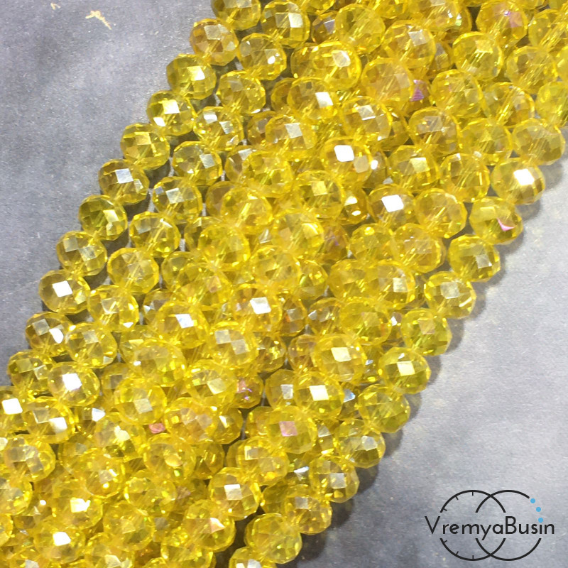 Бусины-рондели из граненого стекла, цв.  желтый с переливом  , размер 8 мм   (нить, ок. 65  шт.)
