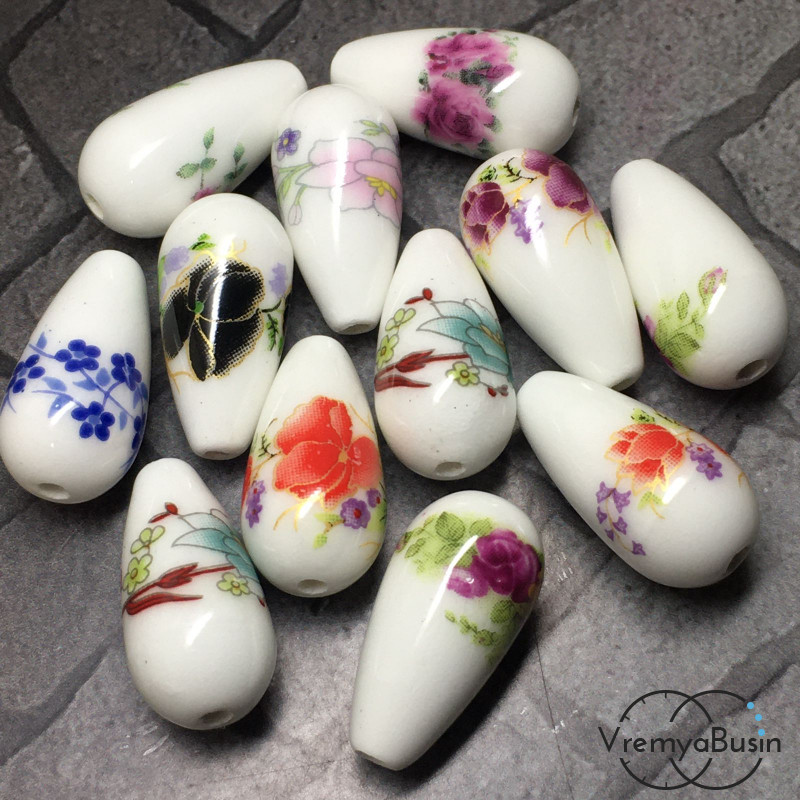 Бусины из фарфора, капля с цветами, 10х20 мм, цв. микс (сет, 3 шт.)