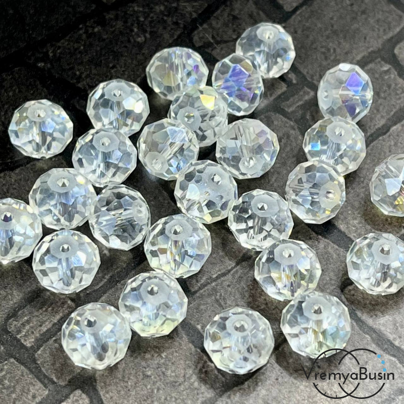 Бусины рондели из граненого стекла, 8х10 мм, цв.  ПРОЗРАЧНЫЙ С АБ ПЕРЕЛИВОМ (1 шт.)