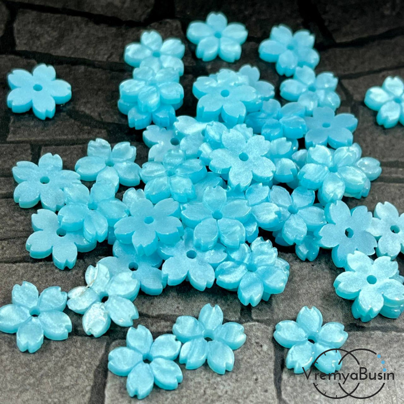 Цветочки акриловые перламутровые, 12 мм, цв. бирюзовый (упак. 10 шт.)