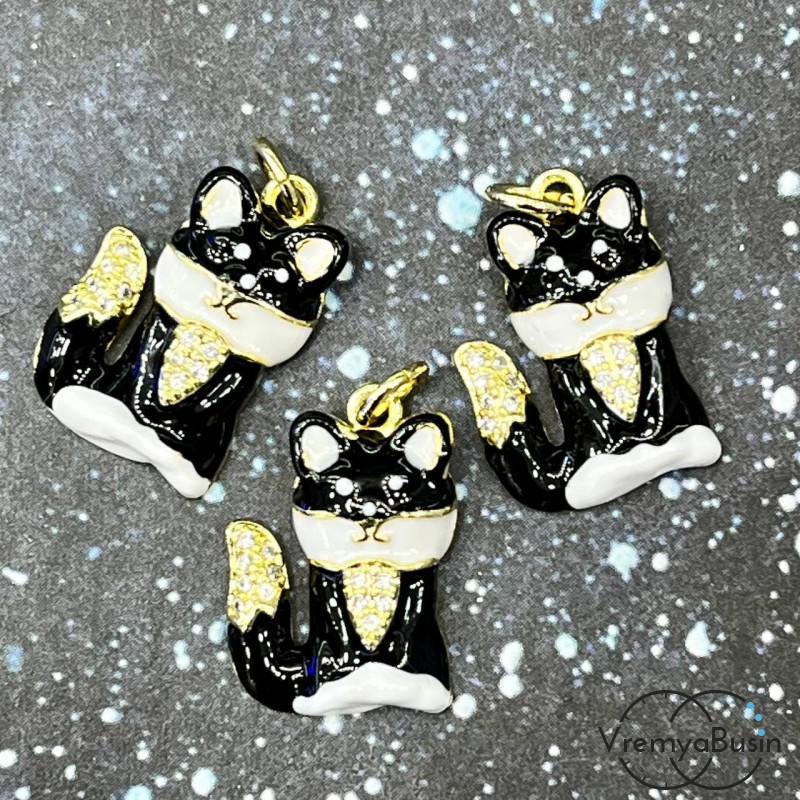 Подвеска с эмалью "Котик", 13х18 мм, латунь с позолотой (1 шт.)