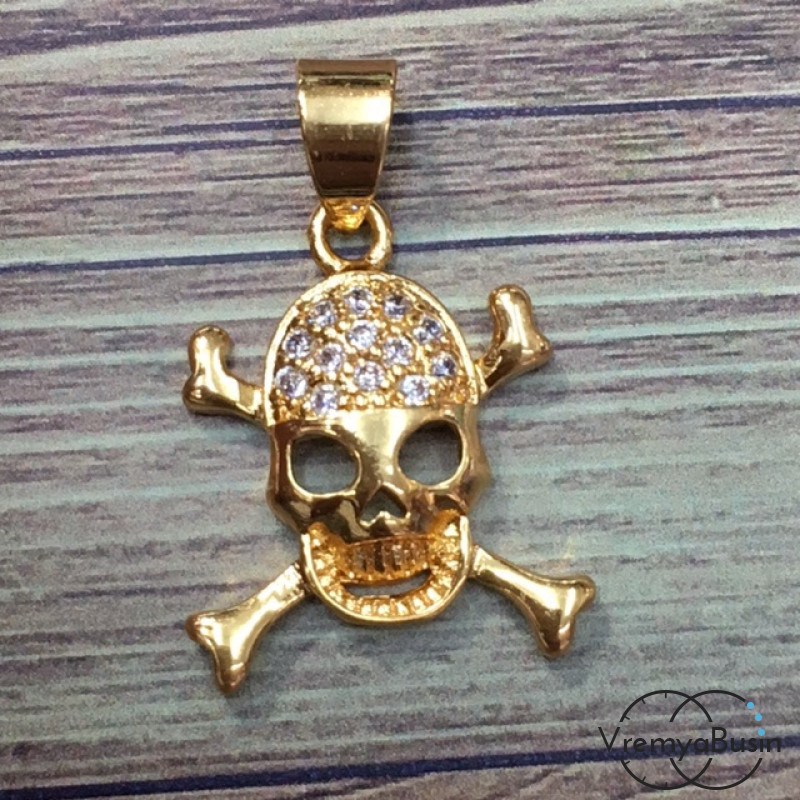 Подвеска с фианитами "Череп", латунь с позолотой (1 шт.)
