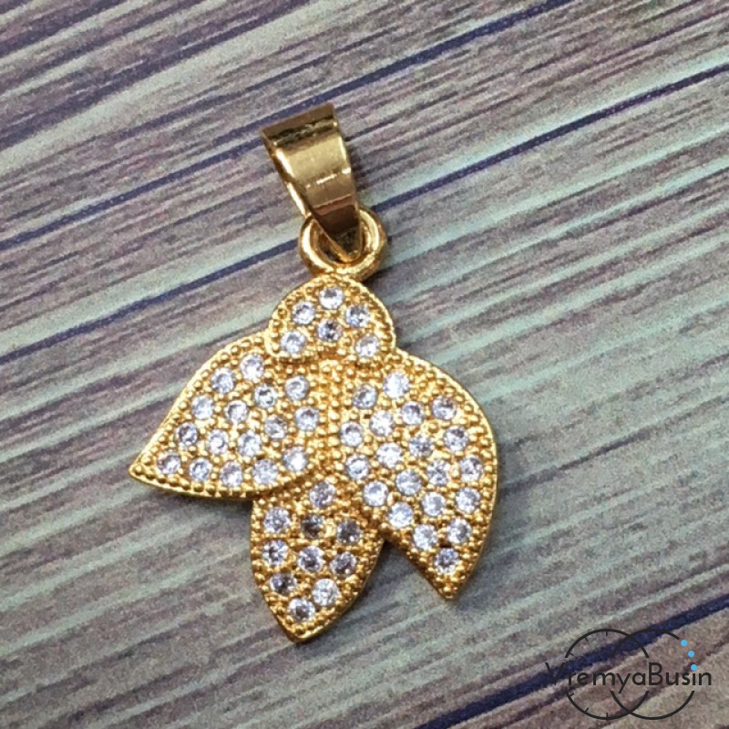 Подвеска с фианитами "Лист", латунь с позолотой (1 шт.)