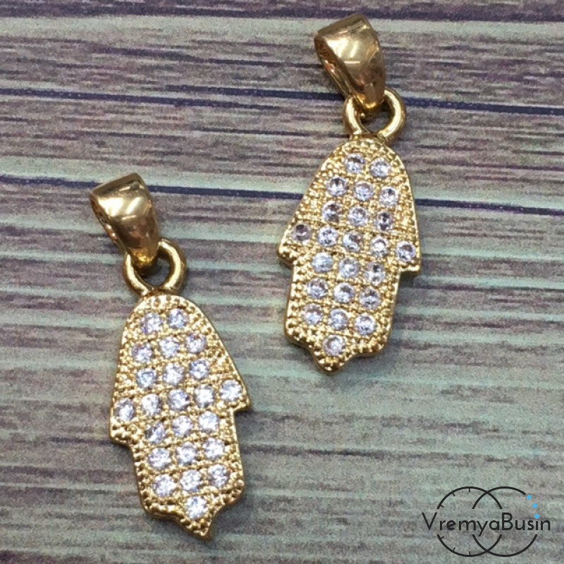 Подвеска с фианитами "Ладонь", латунь с позолотой (1 шт.)