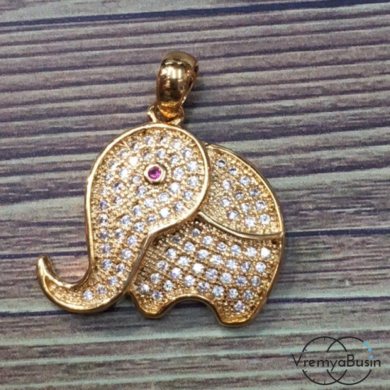 Подвеска с фианитами "Слон", латунь с позолотой (1 шт.)