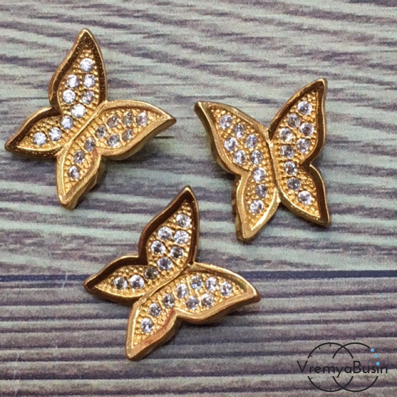 Подвеска с фианитами "Бабочка", латунь с позолотой (1 шт.)