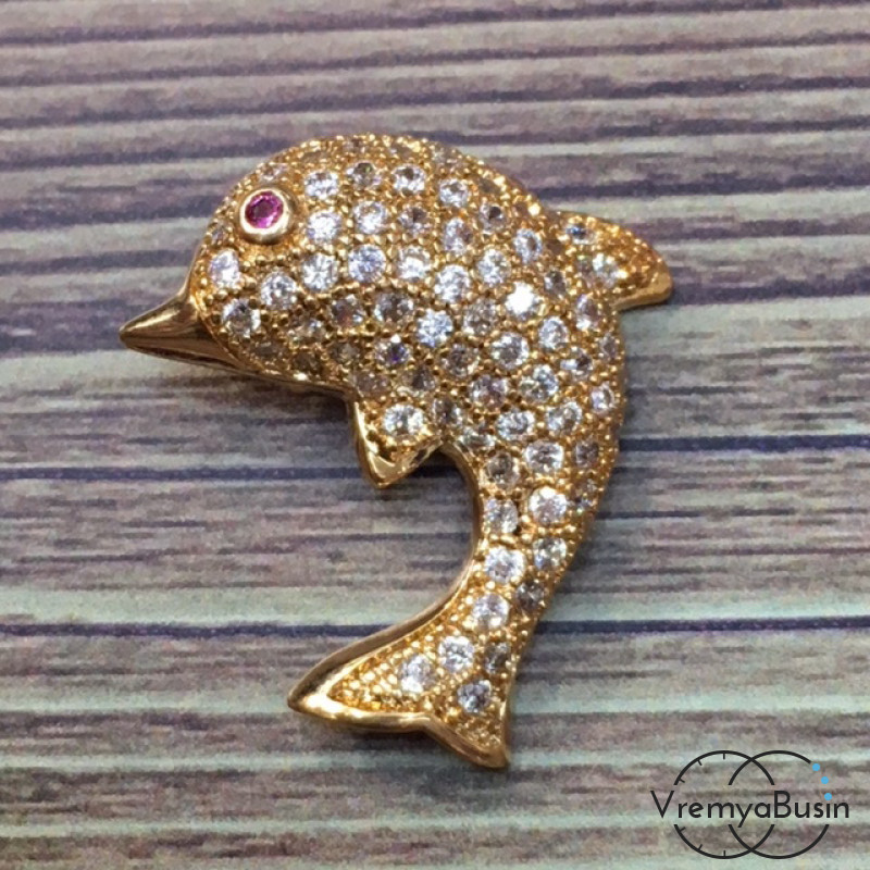 Подвеска с фианитами "Дельфин", латунь с позолотой (1 шт.)
