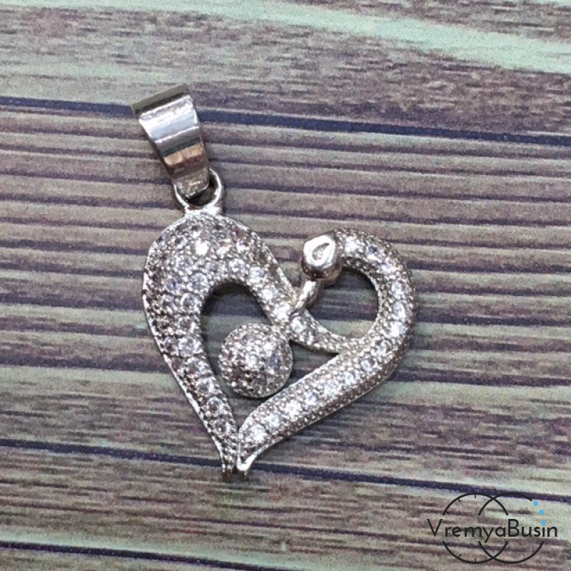 Подвеска с фианитами "Сердце", латунь с родиевым покрытием (1 шт.)