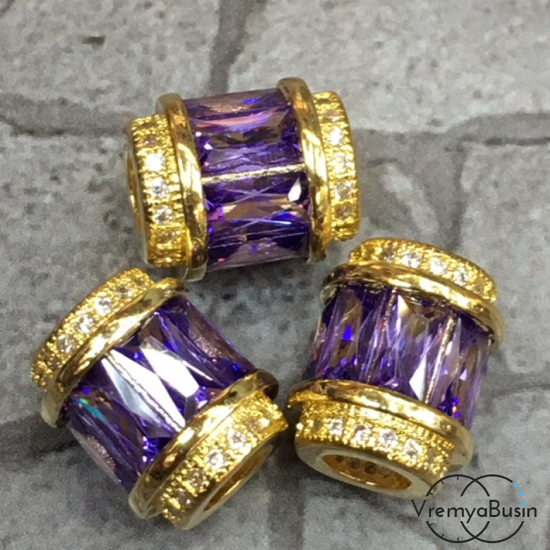 Бусина с фианитами, латунь с позолотой (1 шт.)