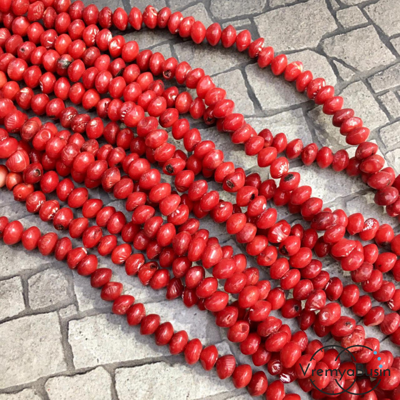 Коралл натуральный, бусины рондели гладкие 6х8 мм, цв. красный (нить, ок. 80 шт.)