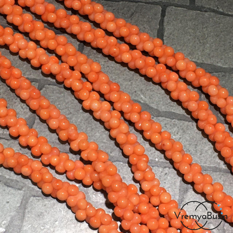 Коралл натуральный, бусины гантели 3х6 мм, цв. оранжевый (1/2 нити, ок. 90 шт.)