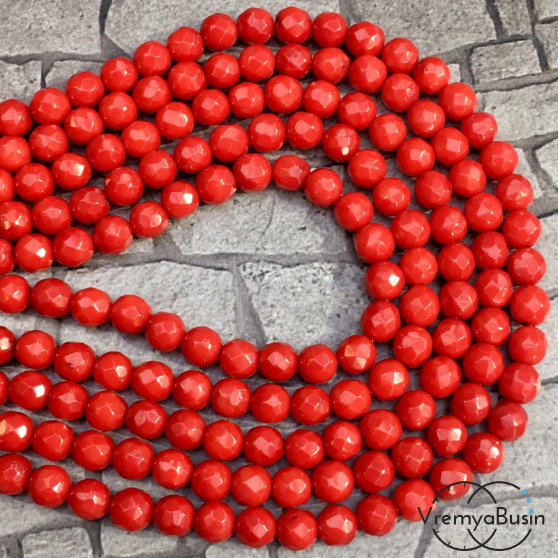 Коралл натуральный, шарик граненый 6 мм, цв. красный (1/2 нити, ок. 32 шт.)