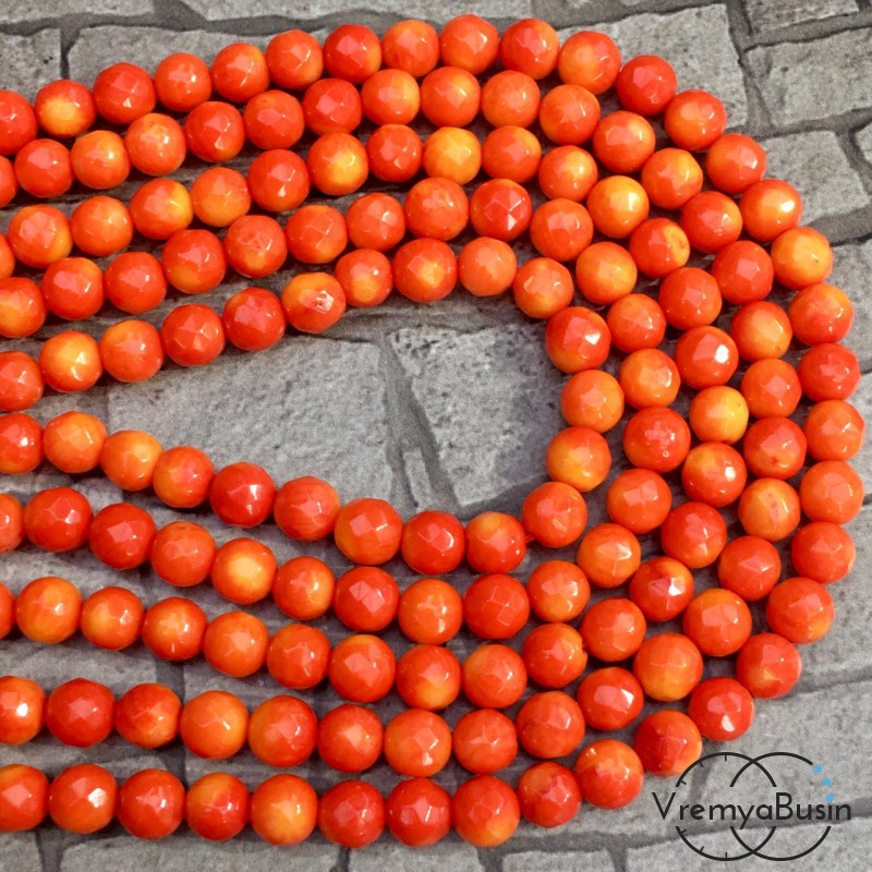 Коралл натуральный, шарик граненый 6 мм, цв. оранжевый (1/2 нити, ок. 32 шт.)
