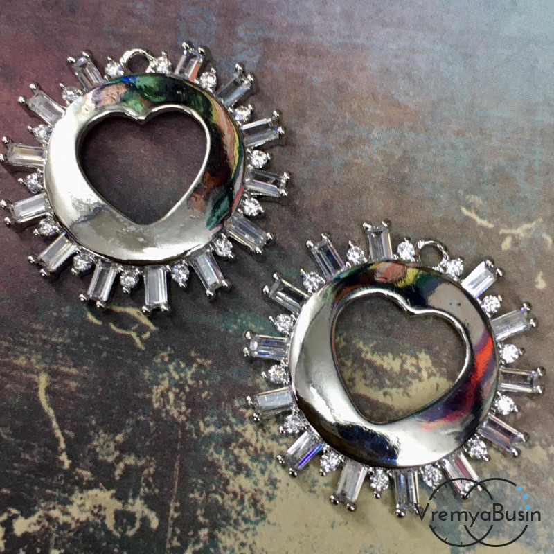 Подвеска из латуни с родиевым покрытием и фианитами "Сердце" 20х20 мм (1 шт.)