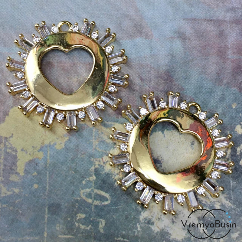 Подвеска из латуни с позолотой и фианитами "Сердце" 20х20 мм (1 шт.)