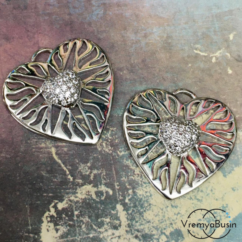 Подвеска из латуни с родиевым покрытием и фианитами "Сердце" 21х21 мм (1 шт.)