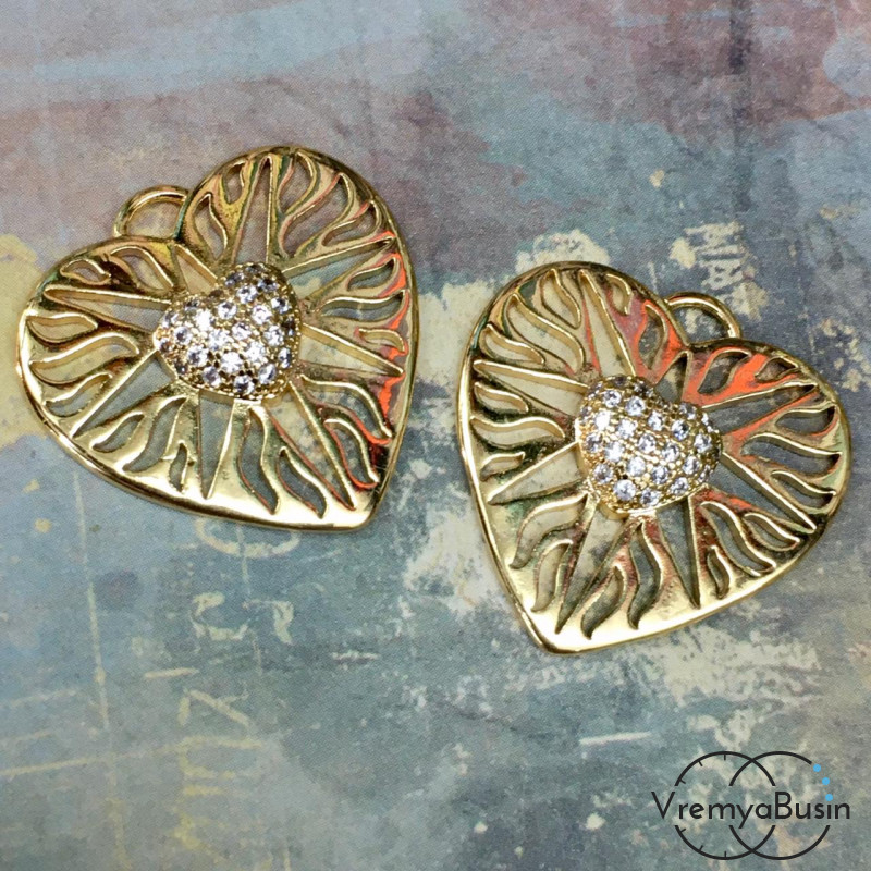 Подвеска из латуни с позолотой и фианитами "Сердце" 21х21 мм (1 шт.)