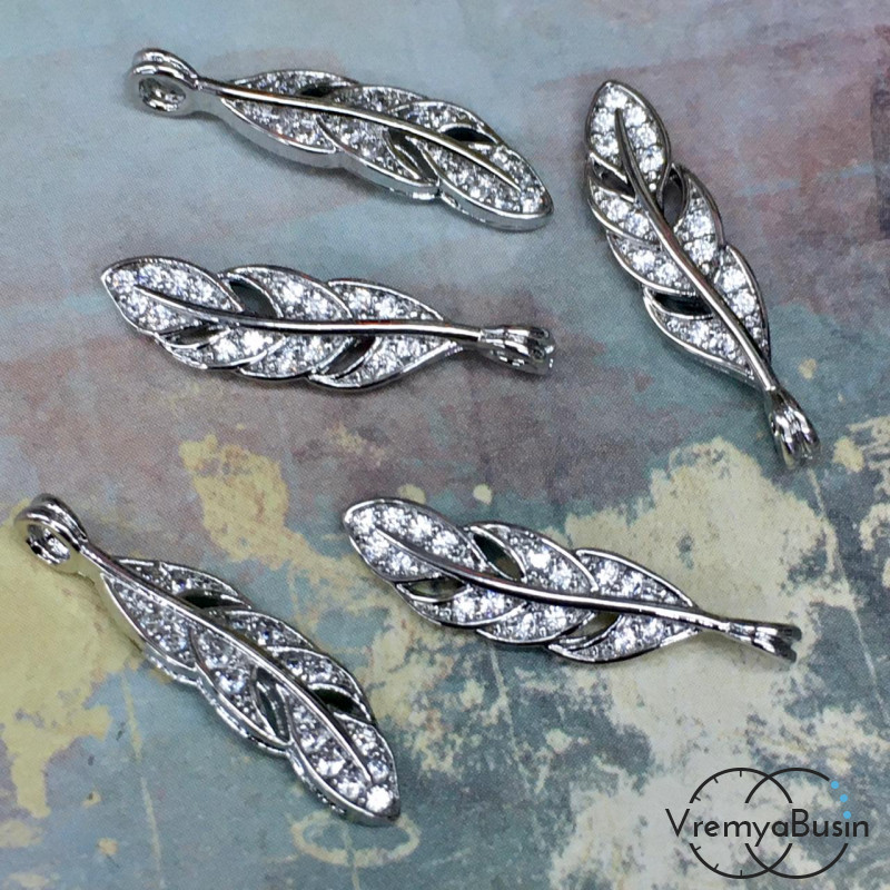 Подвеска из латуни с родиевым покрытием и фианитами "Перо" 5х20 мм (1 шт.)