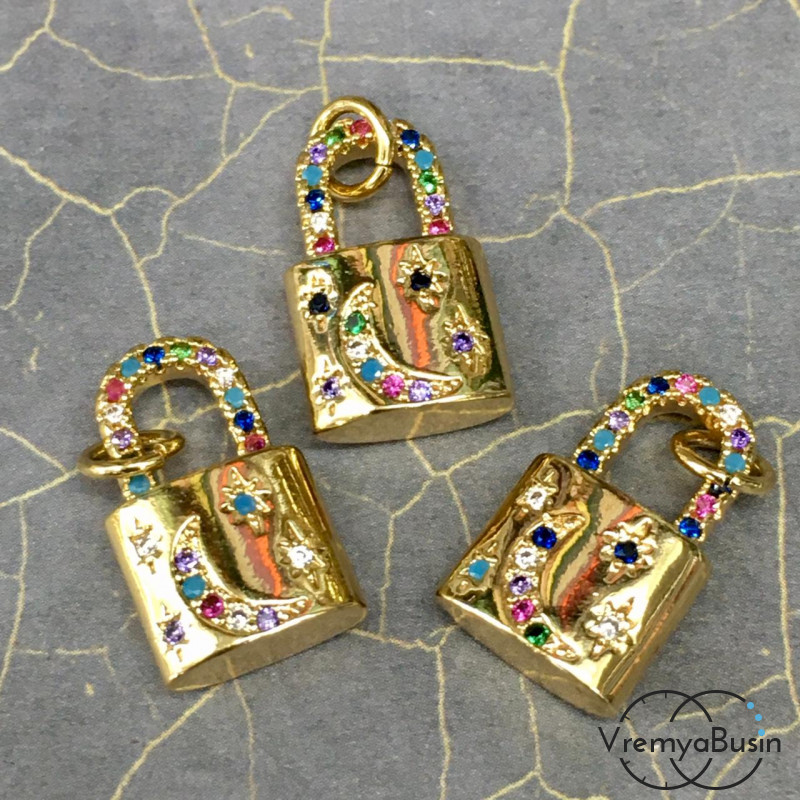 Подвеска с цветными фианитами, латунь с позолотой "Замок" 10х16 мм (1 шт.)