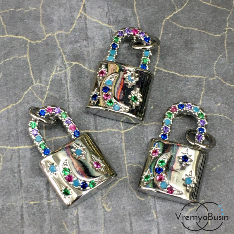 Подвеска с цветными фианитами, латунь с родиевым покрытием "Замок" 10х16 мм (1 шт.)