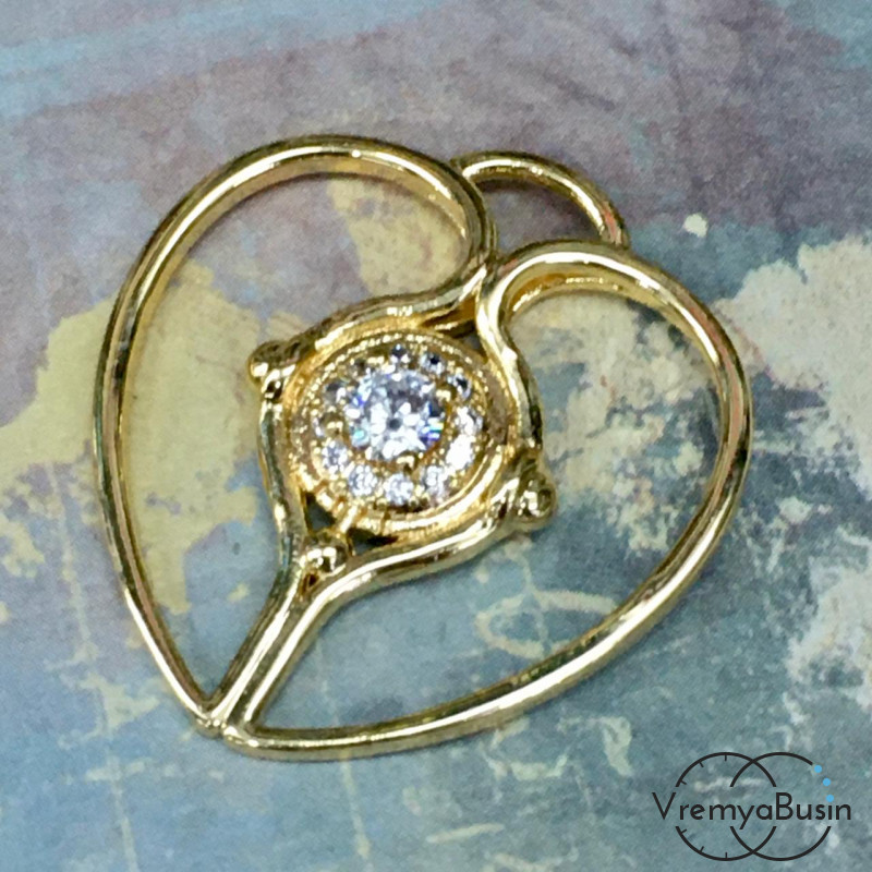 Подвеска из латуни с позолотой и фианитами "Сердце" 22х25 мм (1 шт.)