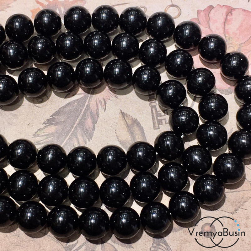Жемчуг стеклянный, шарик 10 мм, цв. черный  (нить, ок. 43 шт.)
